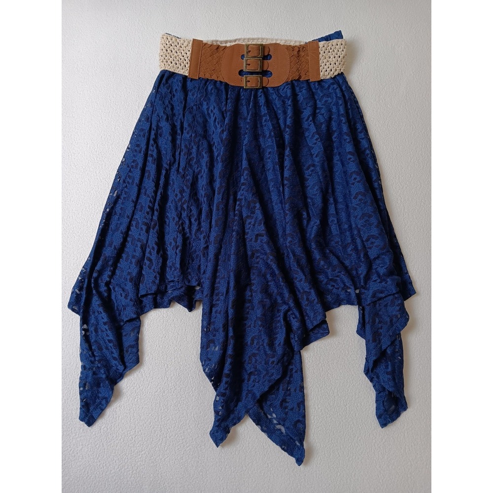 No Boundaries Navy Blue Lace Handkerchief Hem Skirt with Belt Size L 11-13